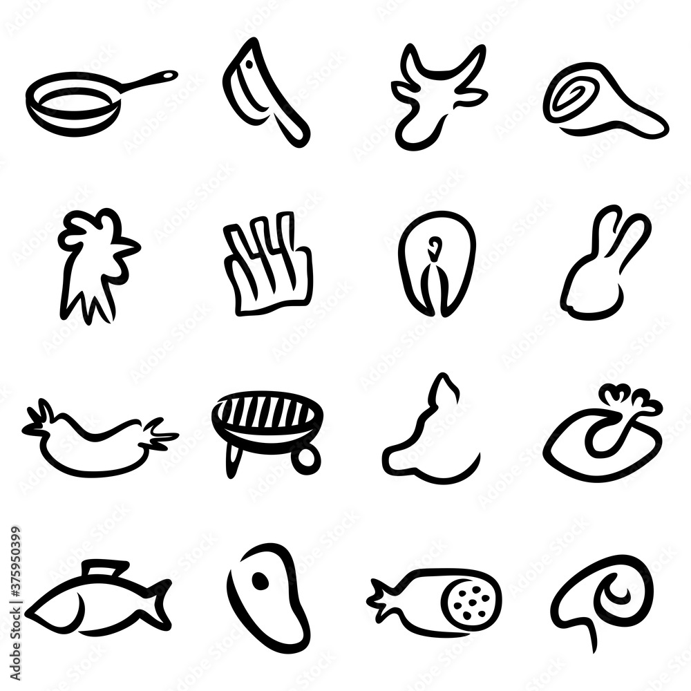 Simple set of linear butcher shop vector icons. Vector icons as meat, domestic meat animals, fish, cooking utensils, pan, knife and others