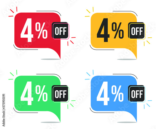 4% off. Red, yellow, green and blue tags with four percent discount. Banner with four colorful balloons with special offers vector.