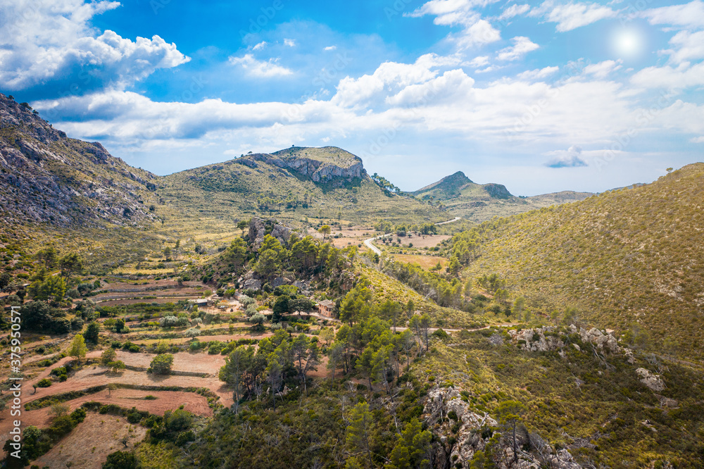 beautiful wide angle aerial view of the mountains of Mallorca, Estellencs, Spain