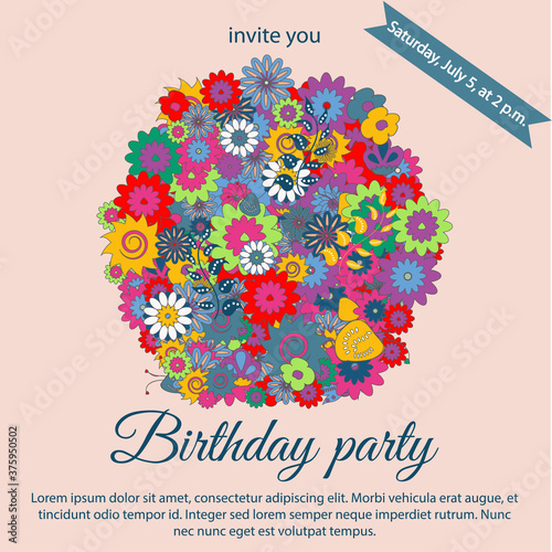 Invitation card with bright flowers, floral frame, vector illustration