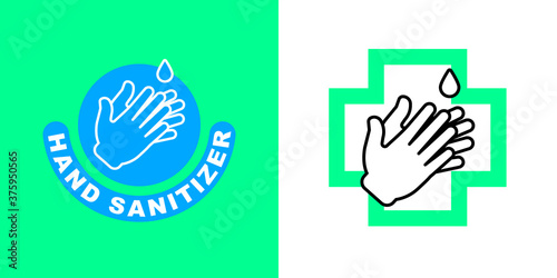 Hand gel vector icon designed as a logo sticker with the label "HAND SANITIZER" and drop symbol for antibacterial dermatology bottle of soap. Logo design set for medical lotion package with alcohol V1