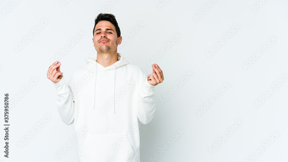 Young caucasian man isolated on white background showing that she has no money. Young caucasian man isolated on white background showing that she has no money.