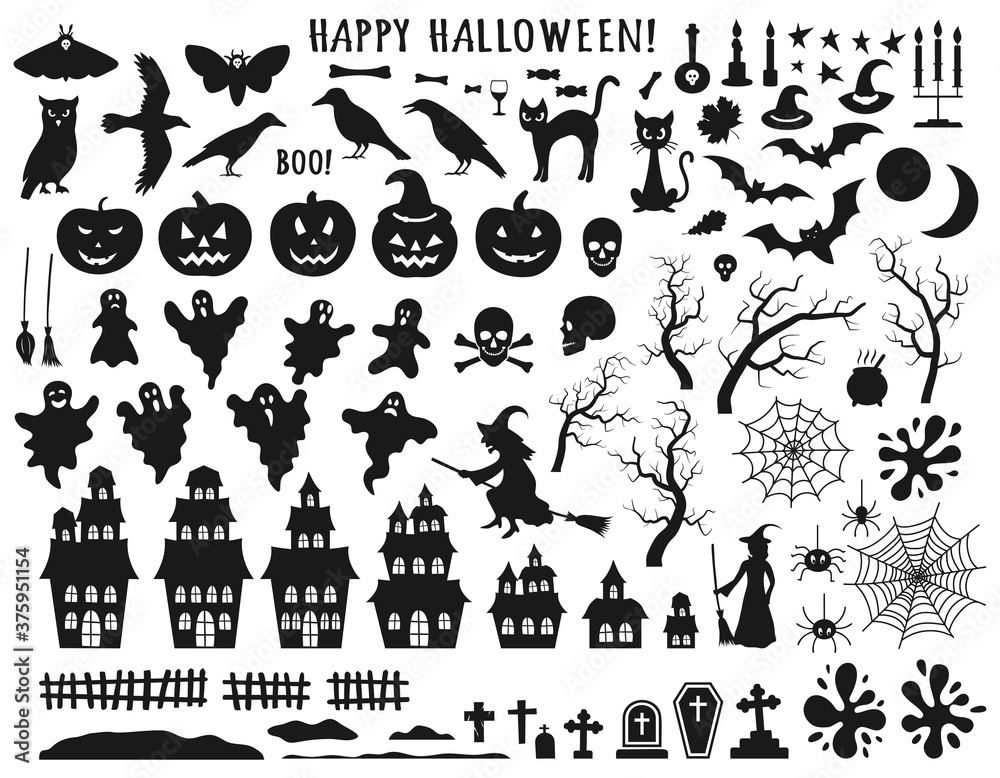 Set of Halloween black icons with witch, cat, raven, hat, ghosts, bats, candle, pumpkin, spider, cobweb, skull and bones. Vector illustration in flat style isolated over white background Set of Halloween black icons with witch, cat, raven, hat, ghosts, bats, candle, pumpkin, spider, cobweb, skull and bones. Vector illustration in flat style isolated over white background