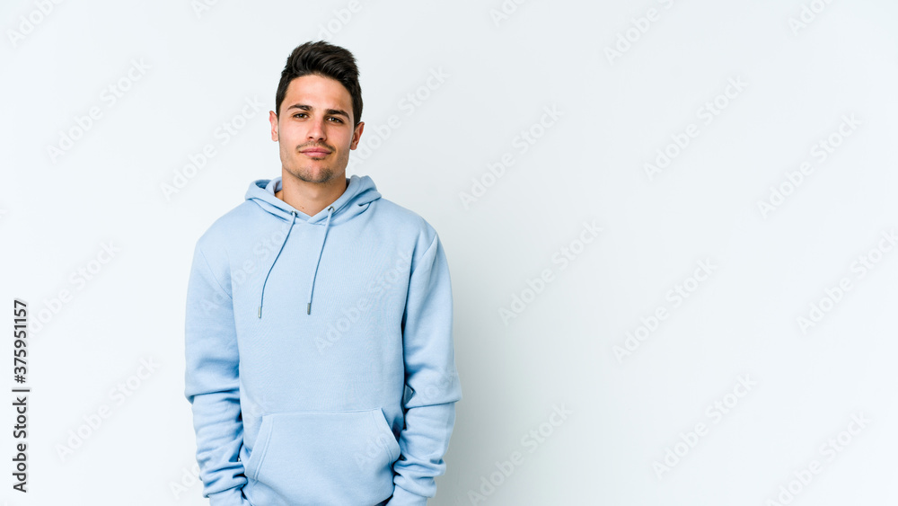 Young caucasian man isolated on white background sad, serious face, feeling miserable and displeased. Young caucasian man isolated on white background sad, serious face, feeling miserable and displeased.