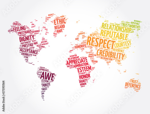 Respect word cloud in shape of world map, concept background