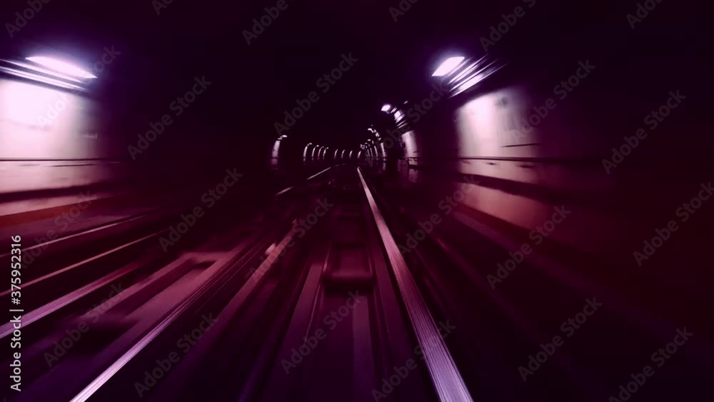 Hyperlapse. POV Train riding in the subway tunnel. Time lapse of automatic train moving to tunnel