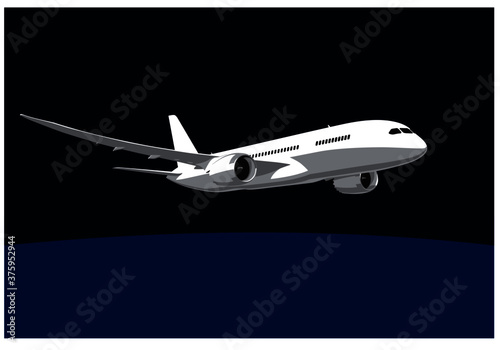 Boeing 787 Dreamliner. Night flight. Modern jet airplane in the night sky. Vector image for illustration.