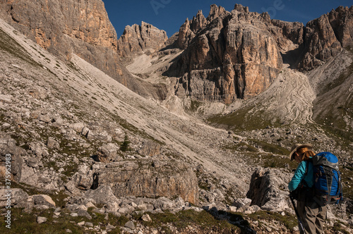 Great view of the Sesto Dolomites mountains as seen from trekking trail #104 from Lavaredo refuge to Pian di Cengia refuge via Pian di Cengia mountain pass, Dolomites, South Tirol, Italy.