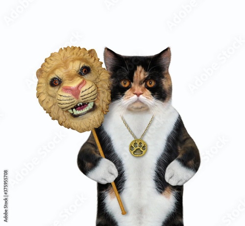 A multi colored cat in a gold footprint locket holds lion carnaval mask. White background. Isolated. © iridi66