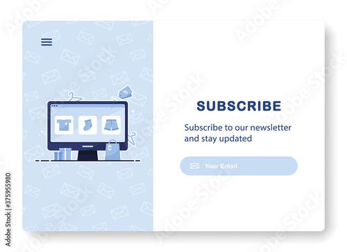 Popping window subscribe banner. Mockup for internet newsletter. Email marketing. Computer monitor with online clothing store. Template or layout. Send by mail. Blue. Eps 10