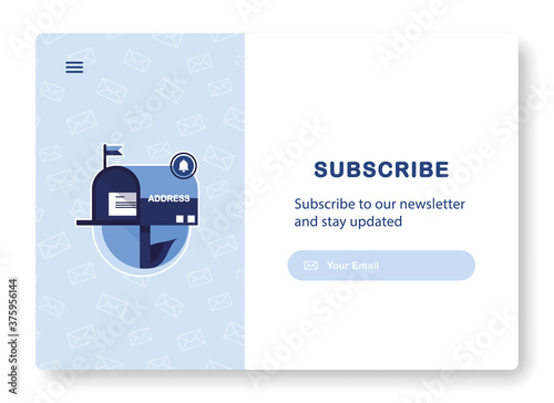 Banner of email marketing. Subscription to newsletter, news, offers, promotions. Mailbox with a letter and envelope. Sending to the recipient address. Message sent. Popping window. Blue. Eps 10