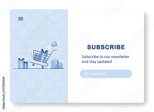 Banner of email marketing. Shopping cart and bag. Gifts, presents. Subscription to newsletter, news, offers, promotions. Template or mock up. Subscribe. Follow me. Send by mail. Blue. Eps 10