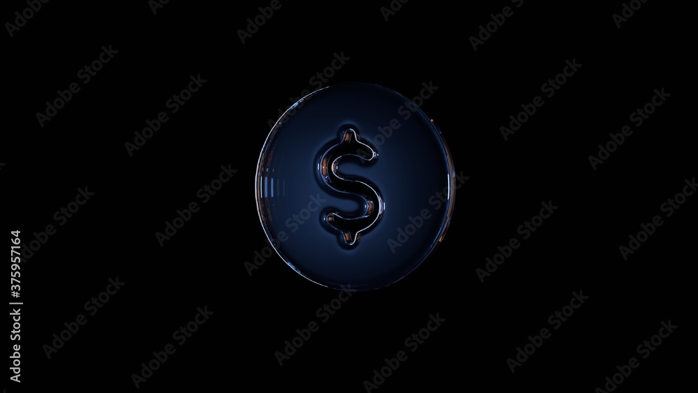 3d rendering glass symbol of dollar  isolated on black with reflection