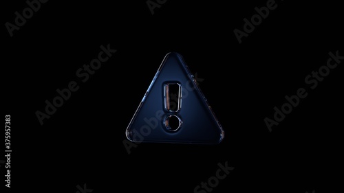 3d rendering glass symbol of exclamation triangle isolated on black with reflection