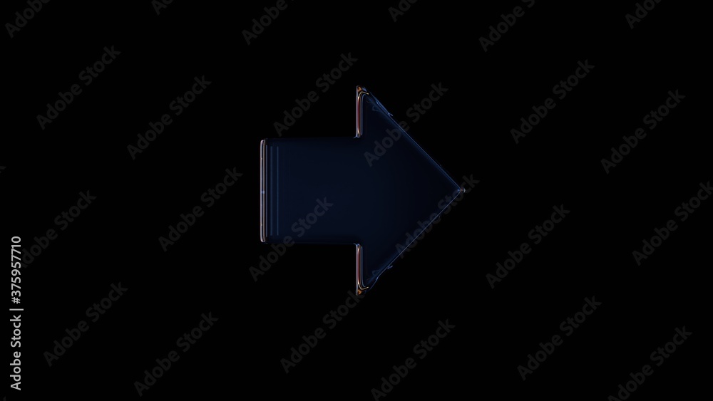 3d rendering glass symbol of forward right arrow button isolated on black with reflection