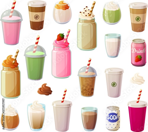 Vector illustration of various coffee shop take out drinks of coffee, dalgona coffee, chai, matcha and smoothies isolated on white background.