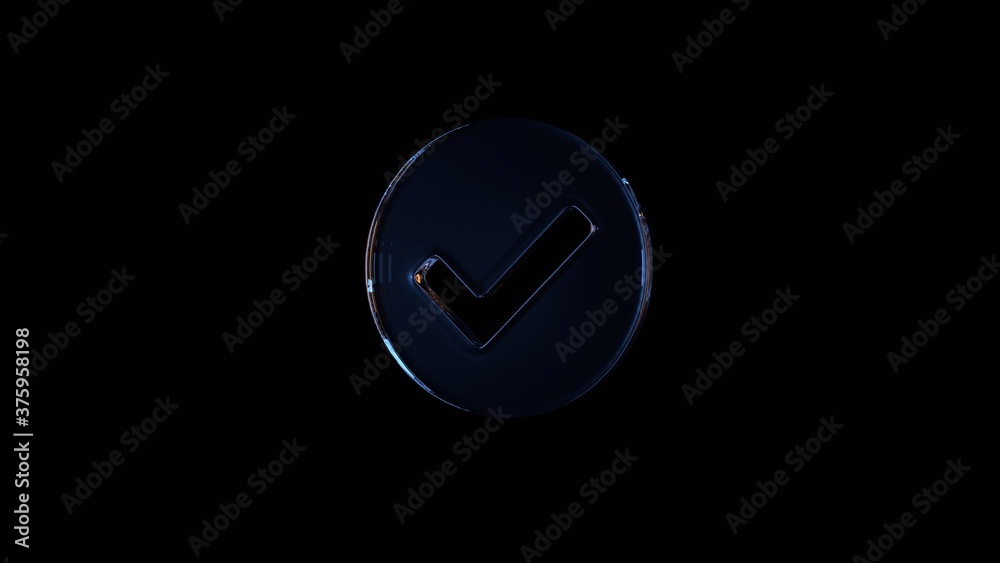 3d rendering glass symbol of check circle isolated on black with reflection 3d rendering glass symbol of check circle isolated on black with reflection