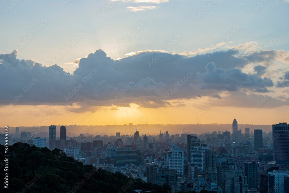 Sunset high angle view of the cityscape of Xinyi District