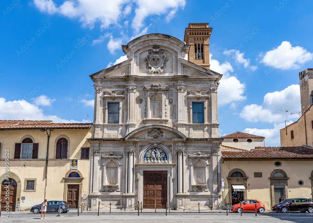 Façade of the Baroque Church of San Salvatore in Ognissanti, Florence, Italy, originally built in the 13th century and overlooking piazza Ognissanti. 