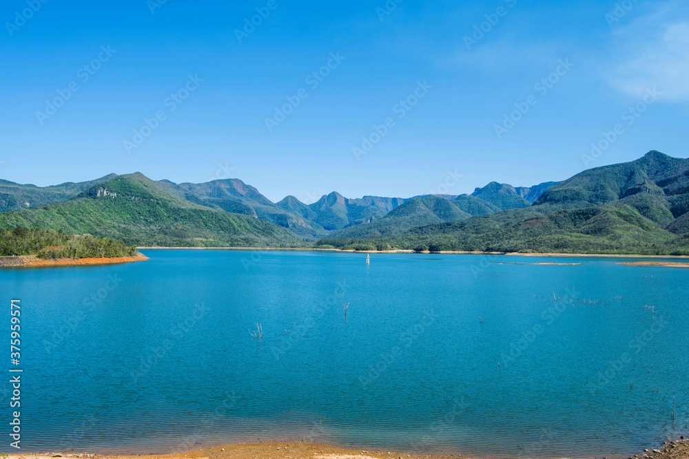 Dam of the São Bento River, Siderópolis, Santa Catarina. Beautiful lake with mountains in the background