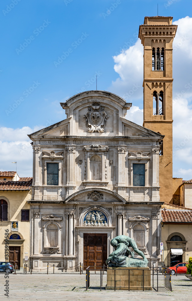 Façade of the Baroque Church of San Salvatore in Ognissanti, Florence, Italy, originally built in the 13th century and overlooking piazza Ognissanti. 