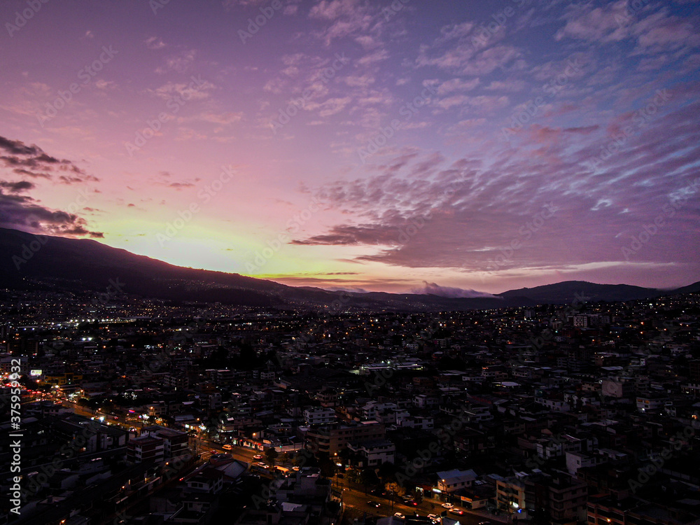 Aerial view of sunset in capital city Quito