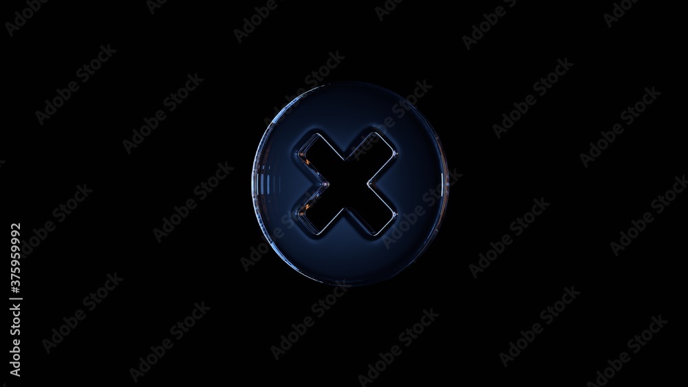 3d rendering glass symbol of times circle isolated on black with reflection