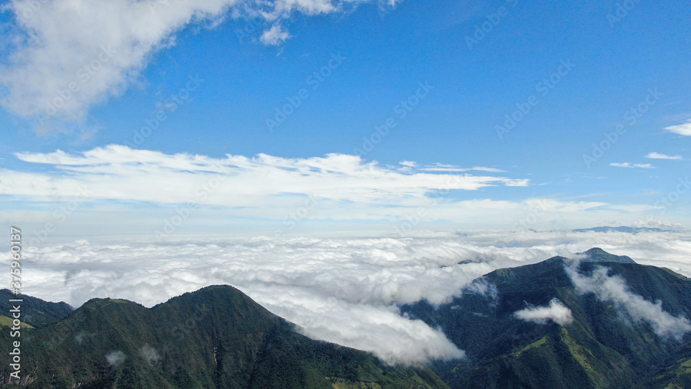 Highly detailed Andes Mountains aerial view with a drone camera since ecuadorian cloud forest reserve