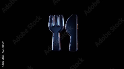 3d rendering glass symbol of utensils isolated on black with reflection