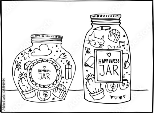 Happiness concept. Two jars with elements, which make you happy: music, food, cat, flower, cafe, stars, plants.  black and white doodle.