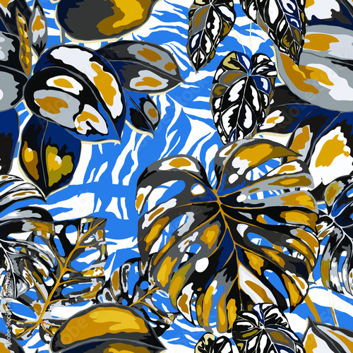 Tropical seamless pattern on animalistic texture. Jungle exotic summer print. Summer tropical leaf. Tropical flower fashion pattern. Floral tropic illustration. Vector seamless pattern.