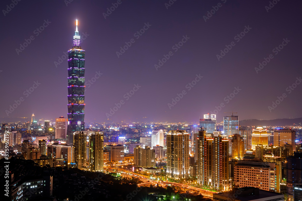 Night high angle view of the cityscape of Xinyi District