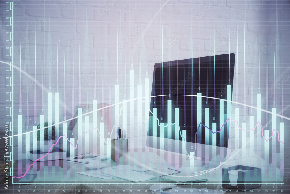 Multi exposure of stock market chart drawing and office interior background. Concept of financial analysis. Multi exposure of stock market chart drawing and office interior background. Concept of financial analysis.