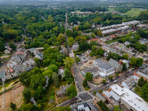 Aerial of overhead view of historic city New Hope Pennsylvania the small town residential suburban area © ungvar