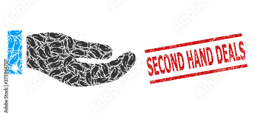 Recursive mosaic hand and Second Hand Deals unclean stamp print. Stamp includes Second Hand Deals tag between parallel lines. Vector mosaic is designed from recursive hand items.