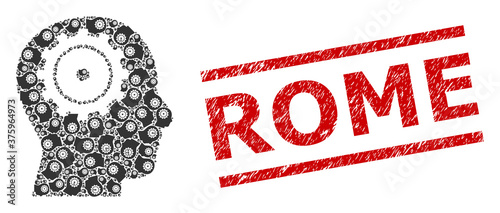 Recursion collage intellect and Rome grunge stamp print. Stamp includes Rome text between parallel lines. Vector collage is constructed from randomized intellect elements.