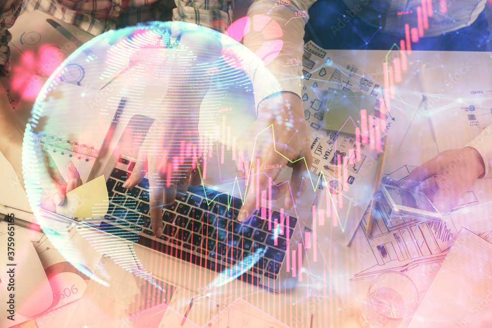 custom made wallpaper toronto digitalDouble exposure of man and woman working together and business theme hologram drawing. Computer background. Top View.