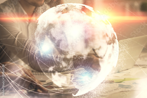 Double exposure of man and woman working together and financial theme hologram. international business concept. Computer background.