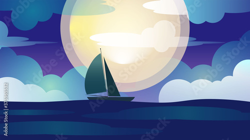 Sea night sail on the waves in the moonlight