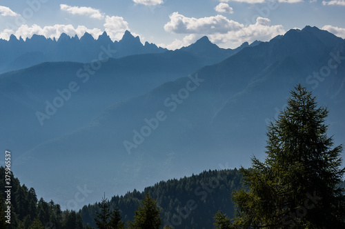 Dolomites mountain views, as seen from the hiking trail from Antelao refuge to Calalzo village via Monte Tranego and Pozzale village, Dolomites, Italy. © MoVia1