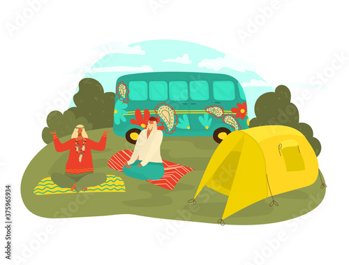 Grandparents traveling, grandfather, grandmother doing yoga, family leisure, retirement, happy vacation, flat vector illustration. Elderly people on summer vacation, cartoon style, cute tiny house.