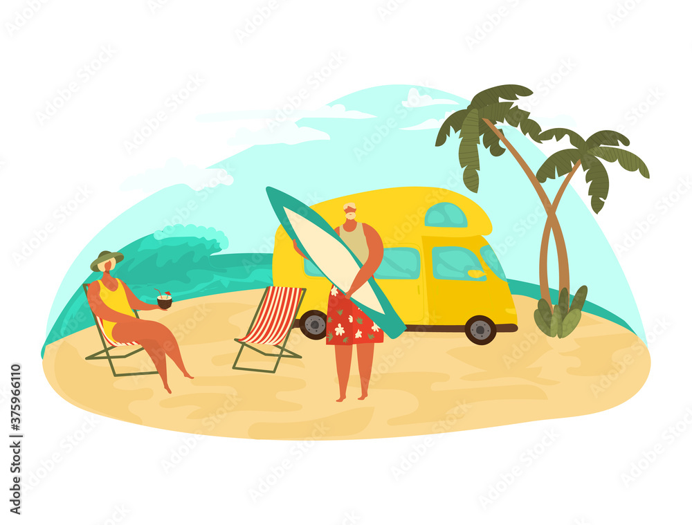 Grandparents traveling, people travel, grandfather and grandmother relax on the beach, elderly family, cartoon vector illustration. Man and woman place on summer vacation, happy leisure on island.