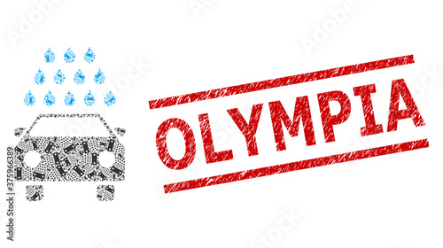 Recursive mosaic car wash and Olympia grunge stamp seal. Stamp seal includes Olympia title between parallel lines. Vector collage is formed with random car wash parts.