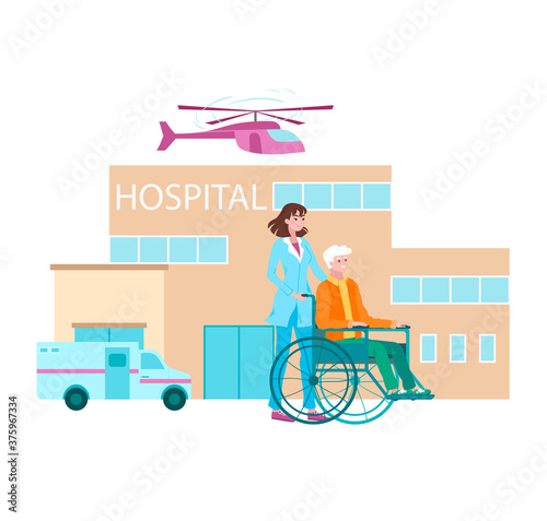 Hospital lettering, caring doctor, virus treatment, infectious disease, emergency, cartoon vector illustration, isolated on white. Nurse carries patient in wheelchair, professional treatment clinic.