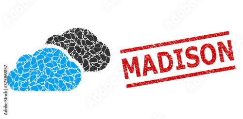 Fractal collage clouds and Madison scratched stamp print. Stamp seal includes Madison tag between parallel lines. Vector collage is created with randomized clouds elements.