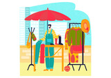 Market stalls, flat style clothing set, fashion street shop, selling dresses, cartoon vector illustration, isolated on white. Satisfied man seller at bazaar, stand for trade, city fair, outdoor summer