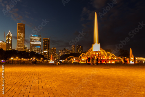 Buckingham Fountain at Night With Chicago Skyline, Grant Park,Chicago,Illinois, USA
