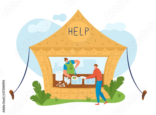 People, volunteers, inscription help, charity concept, man gives food to homeless, cartoon vector illustration, isolated on white. Volunteer service, satisfy hunger, healthy product, support for poor.