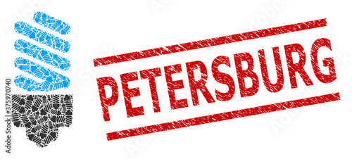Recursive combination fluorescent bulb and Petersburg textured stamp seal. Stamp includes Petersburg tag between parallel lines. Vector collage is organized from recursive fluorescent bulb items.