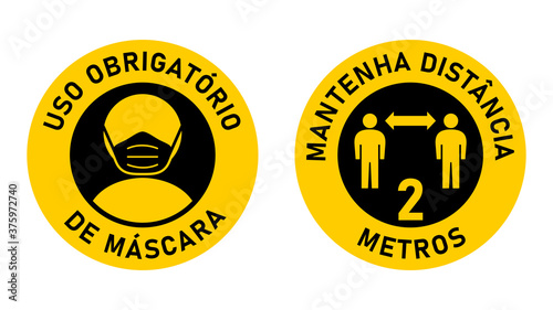 Set of Round Sticker Signs in Portuguese "Uso Obrigatorio de Mascara (Face Masks Required) and "Mantenha Distancia 2 Metros" (Keep Your Distance 2 Meters). Vector Image.